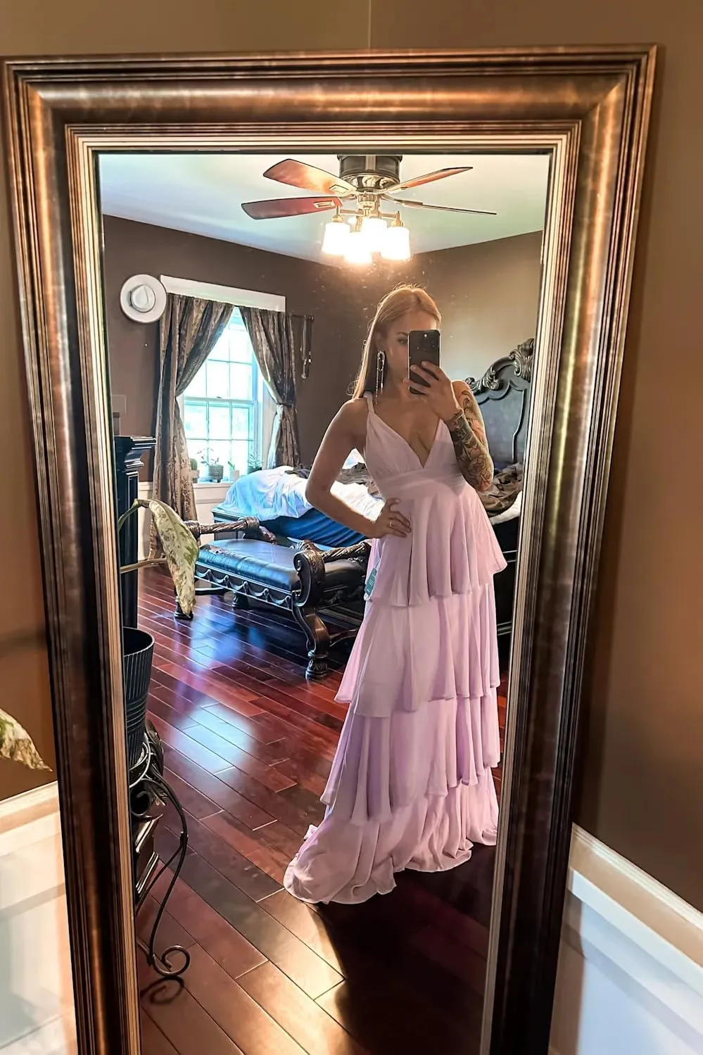 GDJDIFK Tiered Ruffles Bridesmaid Dresses 2025 Long Chiffon A-Line Wedding Party Dress V-Neck Formal Evening Gowns for Women