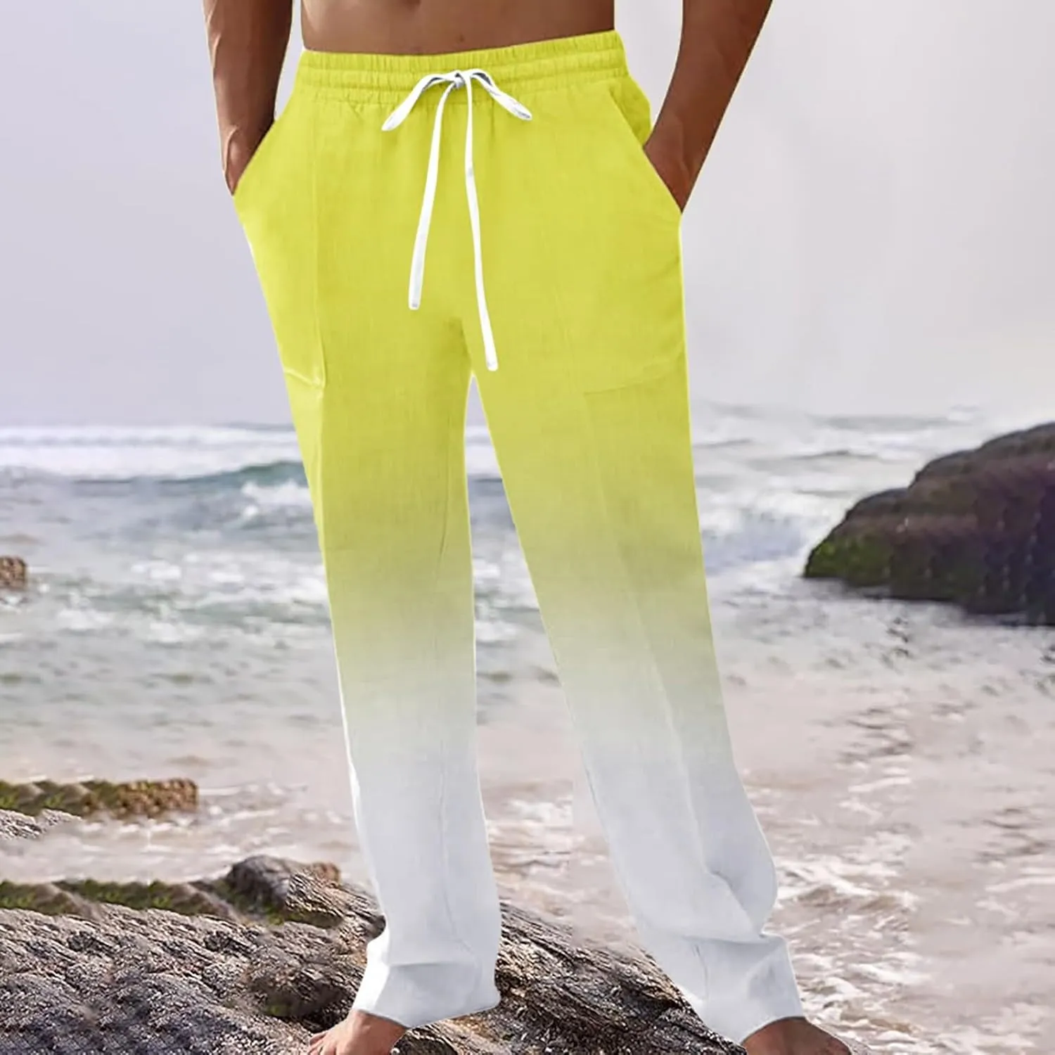 GIERIDUC Men Casual Linen Pants Hippie Drawstring Yoga Pants Elastic Waist Lightweight Trouser Casual Ombre Summer Beach Pant