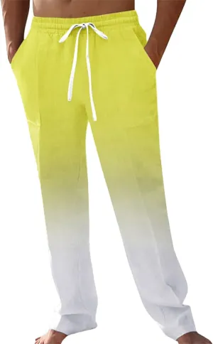 GIERIDUC Men Casual Linen Pants Hippie Drawstring Yoga Pants Elastic Waist Lightweight Trouser Casual Ombre Summer Beach Pant