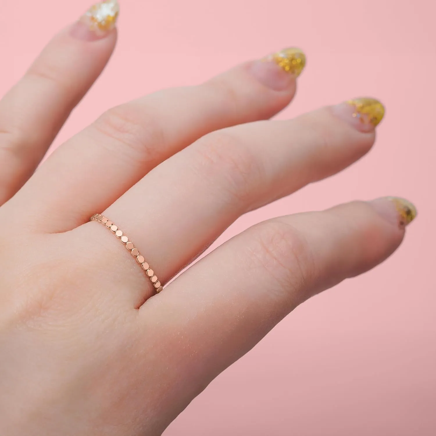 Glimmer Stacking Ring | Silver, Gold, or Rose Gold | Hammered Dot Beaded Stackable Dainty Ring Band | USA Sizes 4-12 (5, 14K Rose Gold Fill)