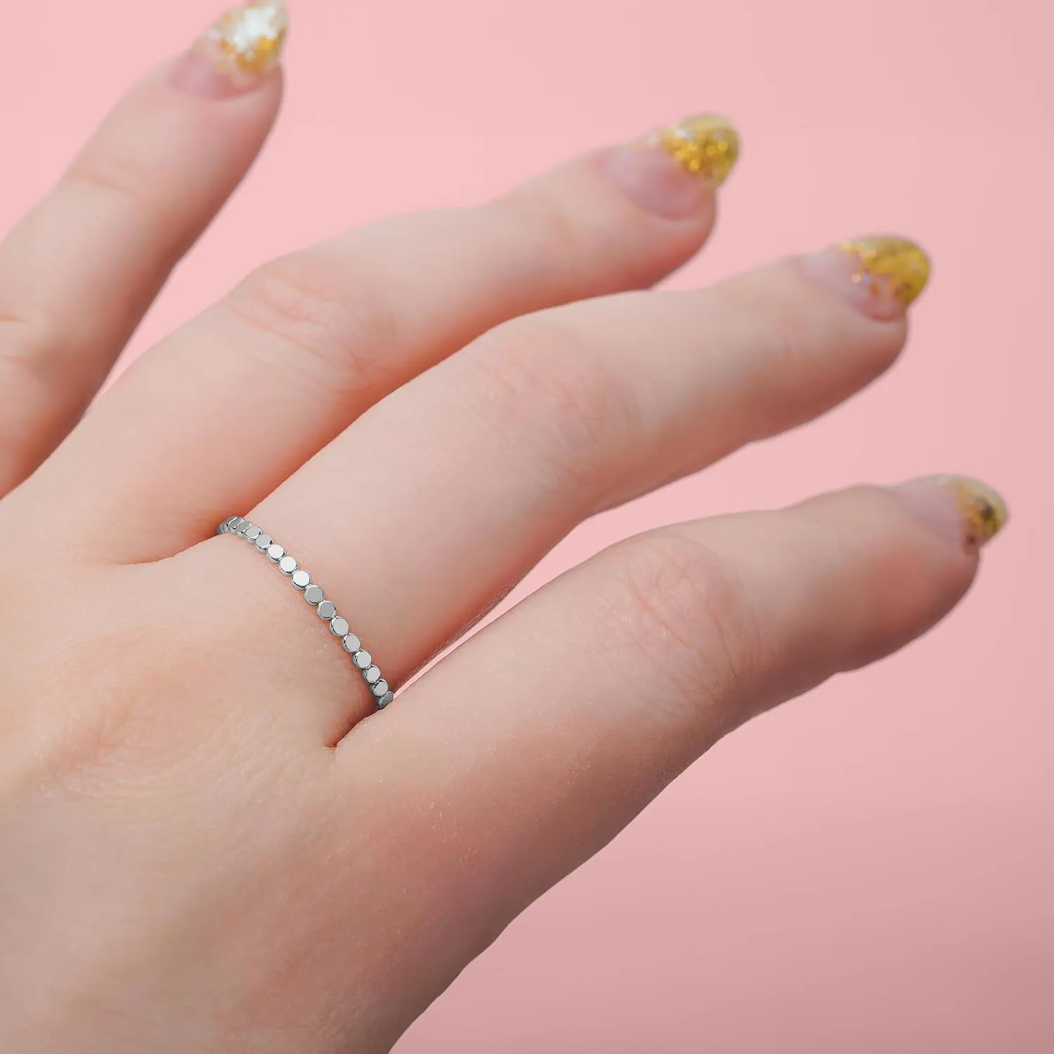 Glimmer Stacking Ring | Silver, Gold, or Rose Gold | Hammered Dot Beaded Stackable Dainty Ring Band | USA Sizes 4-12 (8, Sterling Silver)