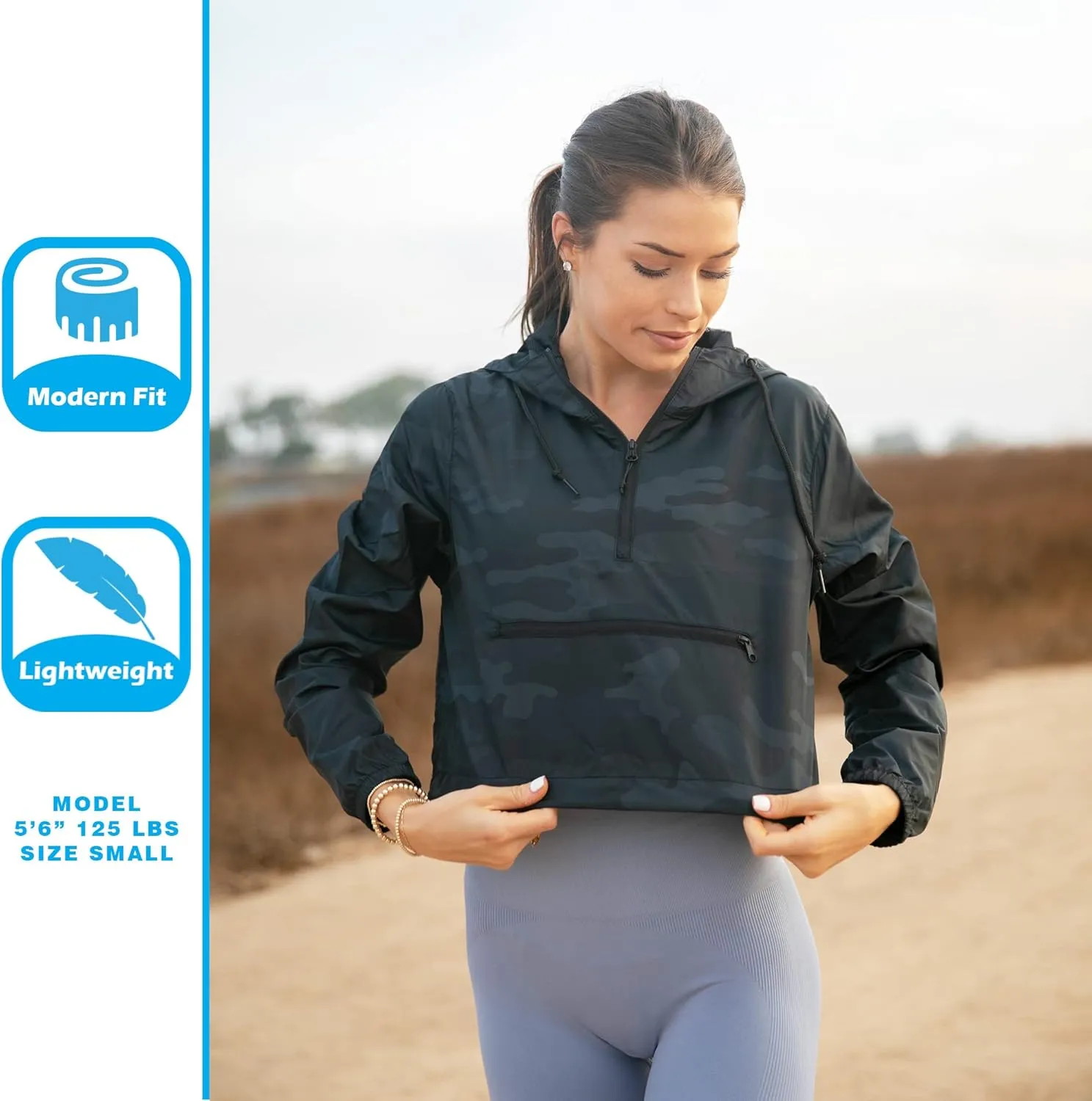 Global Blank Women's Long Sleeve Crop Top Half Zip Up Cropped Jacket with Hood for Women