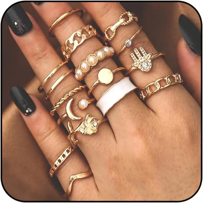 Gold Knuckle Rings Set,Vintage Stackable Dainty Joint Finger Rings Set,Moon pearl fish bone Rings Pack hollow out Jewelry for Women