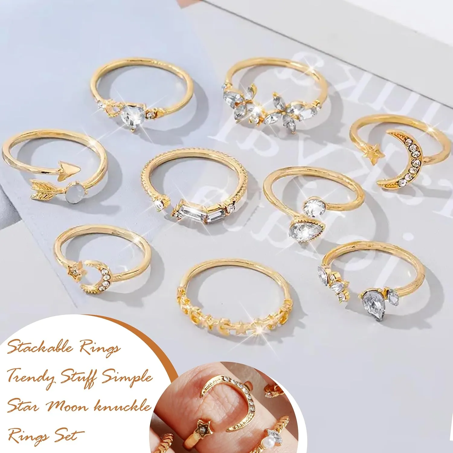 Gold Stackable Rings for Women Non Tarnish Boho Stacking Rings Set Gold Plated Knuckle Rings Rhinestone Moon Star Leaf Rings Midi Pinky Thumb Rings Christmas Stocking Stuffers Gifts Trendy Stuff
