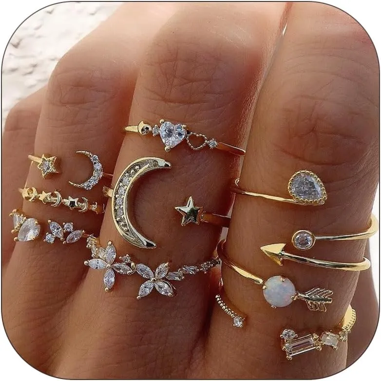 Gold Stackable Rings for Women Non Tarnish Boho Stacking Rings Set Gold Plated Knuckle Rings Rhinestone Moon Star Leaf Rings Midi Pinky Thumb Rings Christmas Stocking Stuffers Gifts Trendy Stuff