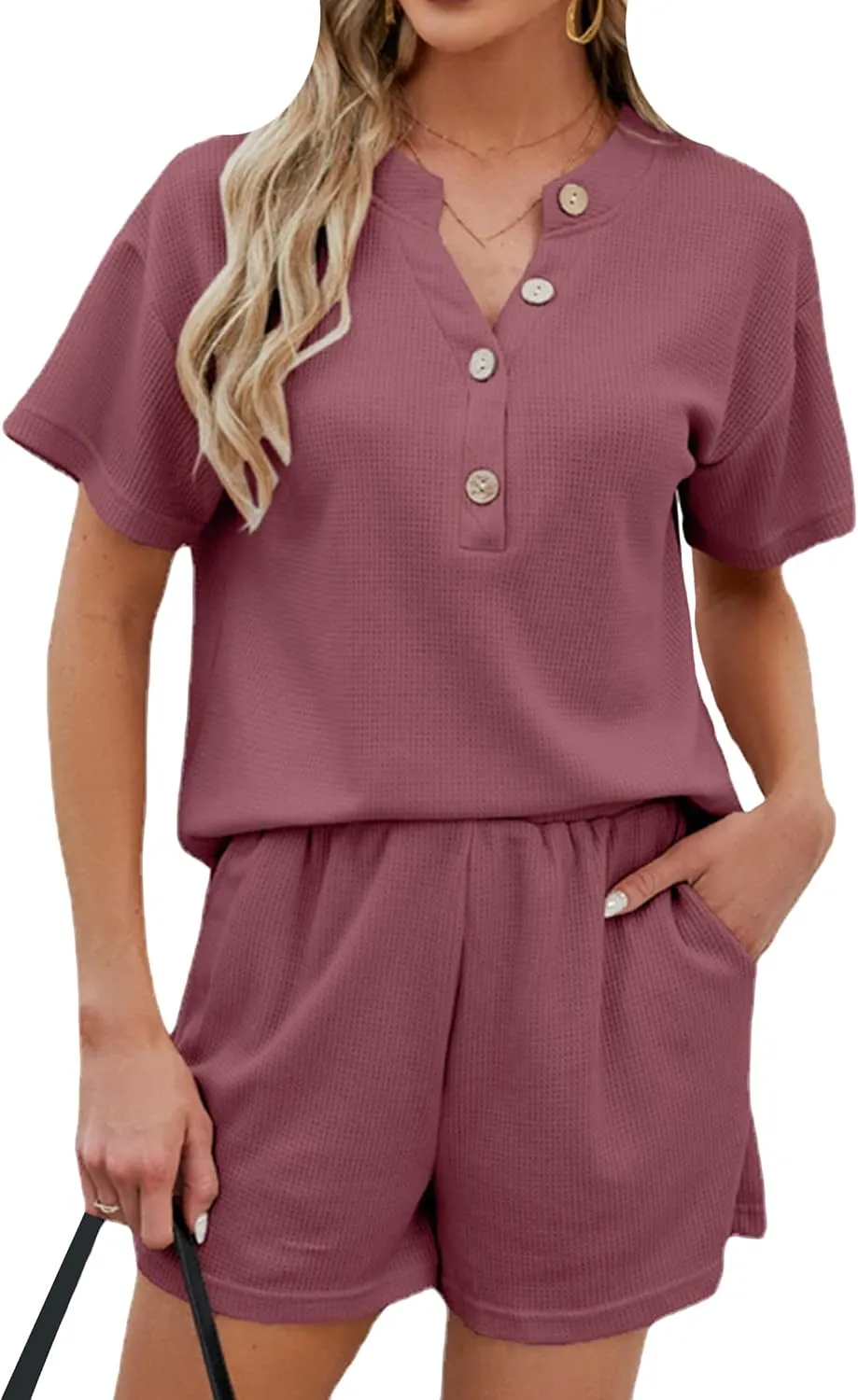GORIFE Women's Button Down 2 Piece Summer Matching Pjs Short Sleeve V Neck Waffle Knit Casual Lounge Shorts Set