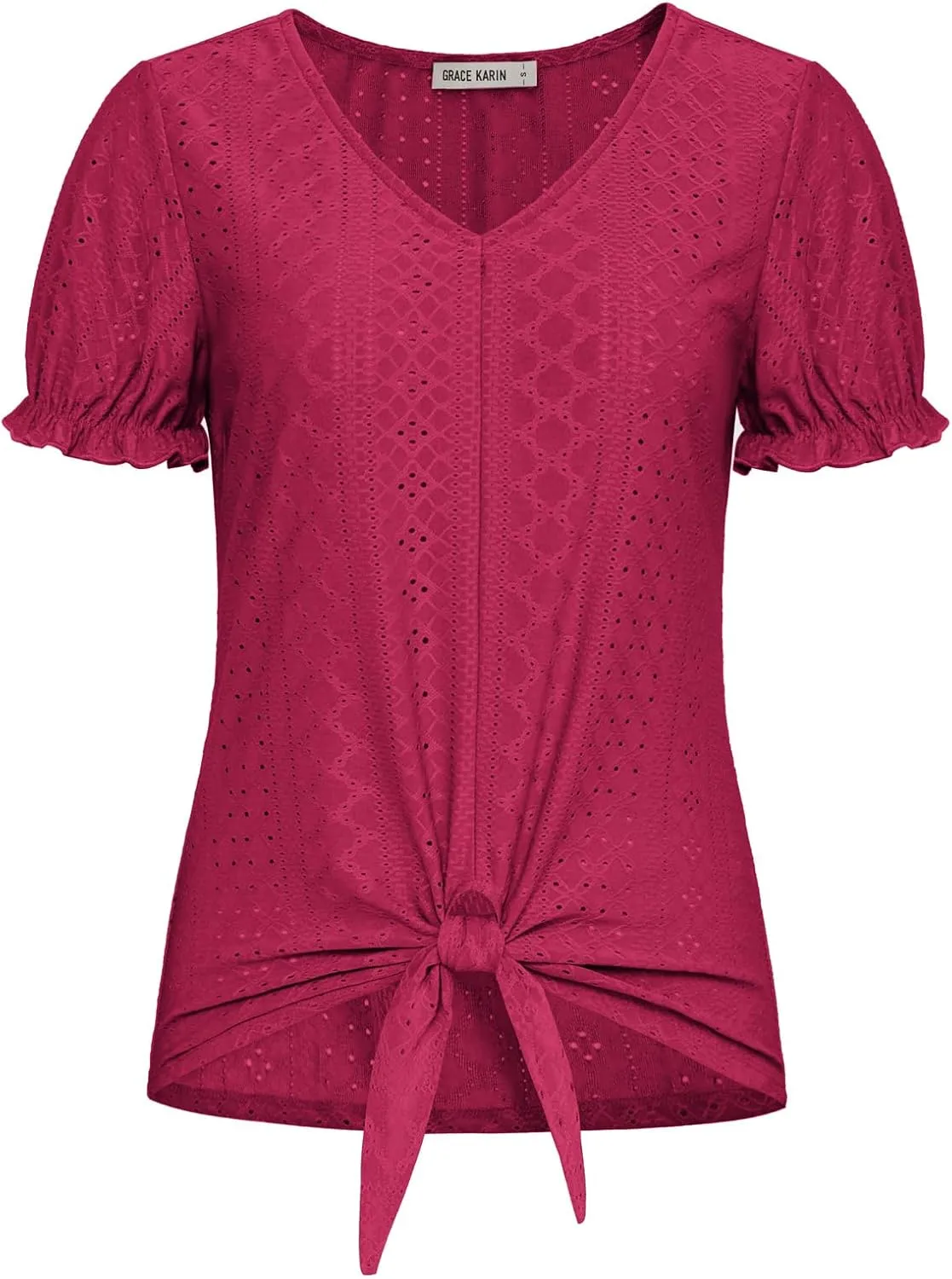 GRACE KARIN Women's 2025 Summer Tops Short Sleeve V Neck Basic T Shirts Dressy Casual Tie Front Tops Eyelet Blouses Tunic