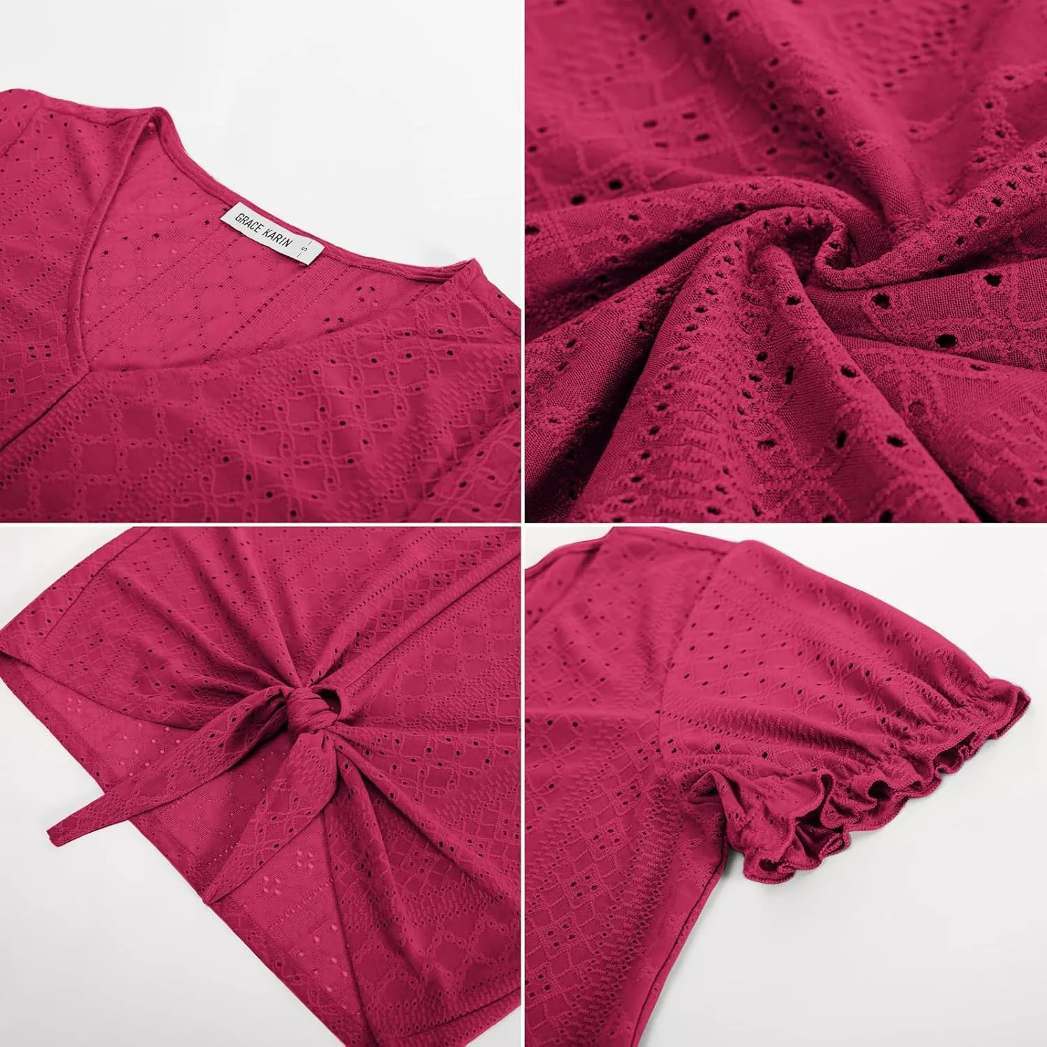 GRACE KARIN Women's 2025 Summer Tops Short Sleeve V Neck Basic T Shirts Dressy Casual Tie Front Tops Eyelet Blouses Tunic