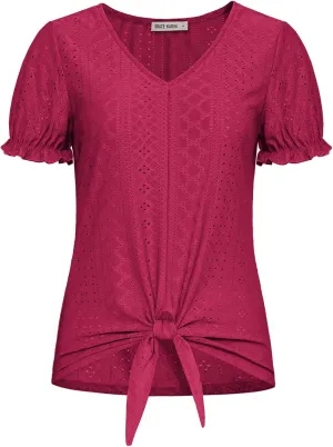GRACE KARIN Women's 2025 Summer Tops Short Sleeve V Neck Basic T Shirts Dressy Casual Tie Front Tops Eyelet Blouses Tunic