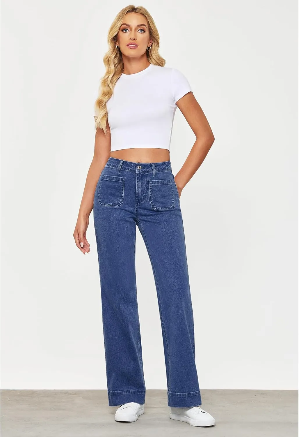 GRAPENT Wide Leg Jeans for Women High Waisted Flare Trendy Stretchy Denim Pants Duo Pockets Trouser Jeans