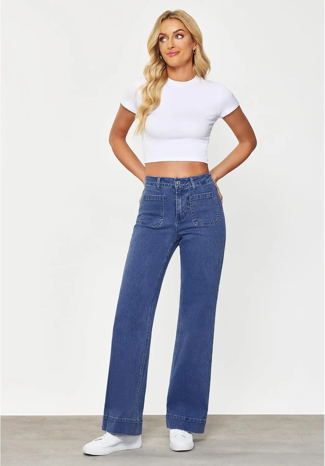 GRAPENT Wide Leg Jeans for Women High Waisted Flare Trendy Stretchy Denim Pants Duo Pockets Trouser Jeans