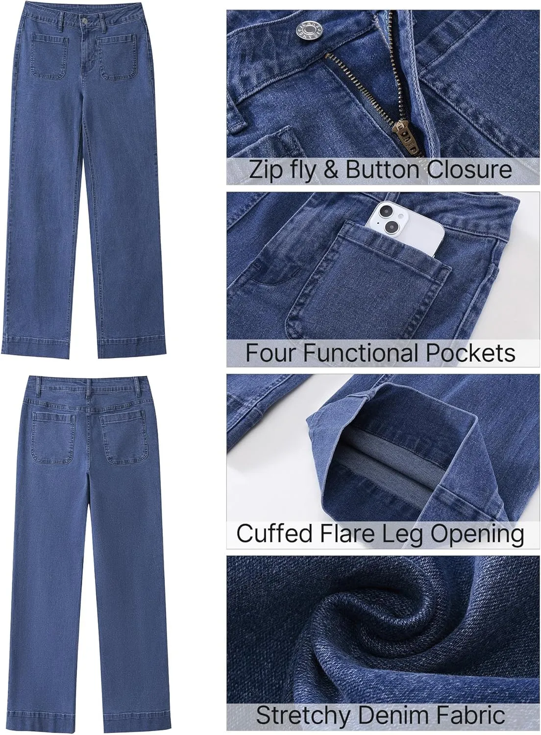 GRAPENT Wide Leg Jeans for Women High Waisted Flare Trendy Stretchy Denim Pants Duo Pockets Trouser Jeans