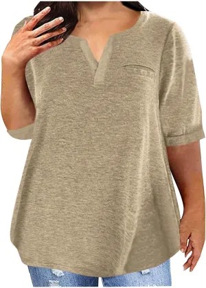 Half Sleeve Plus Size Tops for Women Notched V Neck Casual Loose Fit Tshirts Oversized Spring Summer Going Out Tees