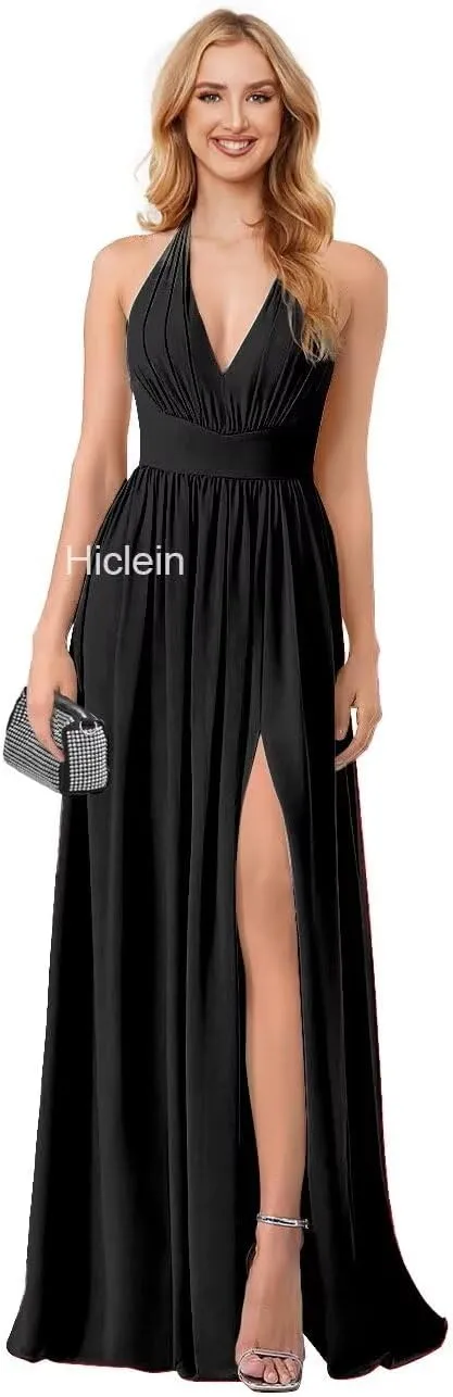 Halter Chiffon Bridesmaid Dresses for Women 2024 Long Pleated Formal Dresses with Slit Evening Party Gown