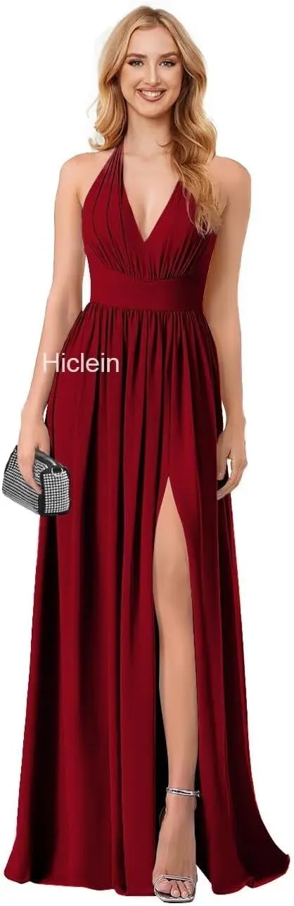 Halter Chiffon Bridesmaid Dresses for Women 2024 Long Pleated Formal Dresses with Slit Evening Party Gown