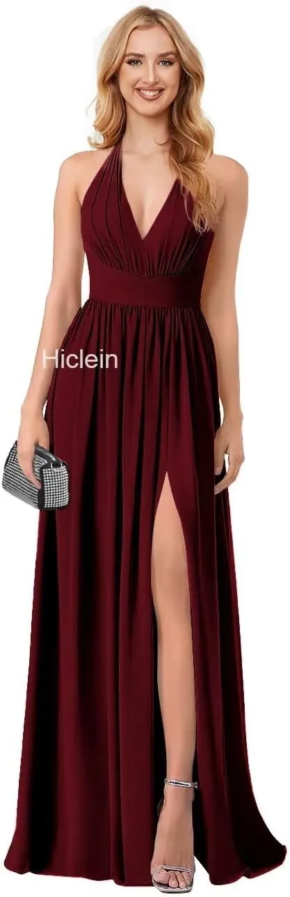 Halter Chiffon Bridesmaid Dresses for Women 2024 Long Pleated Formal Dresses with Slit Evening Party Gown