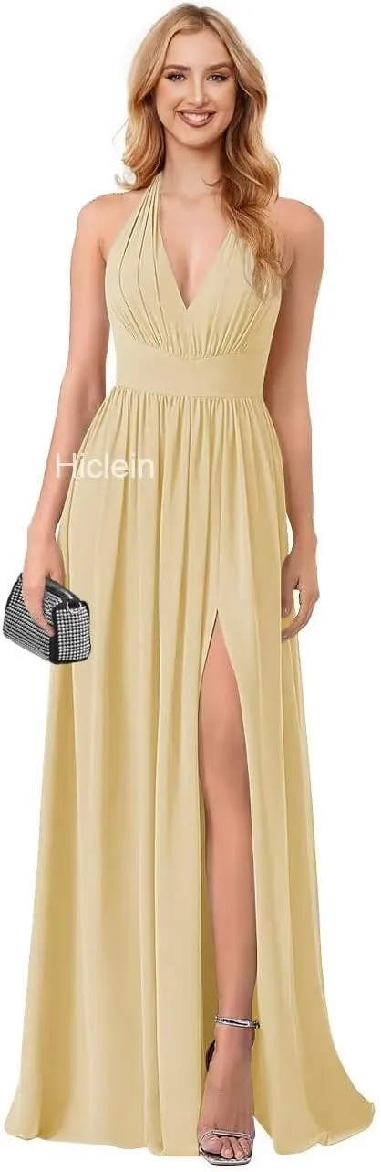 Halter Chiffon Bridesmaid Dresses for Women 2024 Long Pleated Formal Dresses with Slit Evening Party Gown