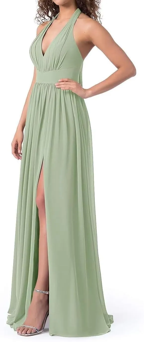 Halter Chiffon Bridesmaid Dresses for Women 2024 Long Pleated Formal Dresses with Slit Evening Party Gown