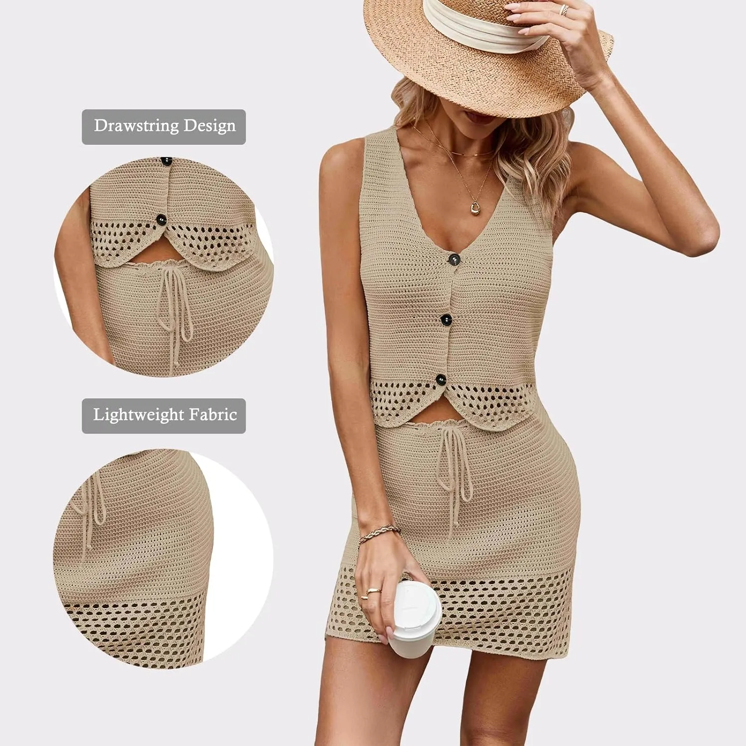 HANMAX Womens Summer 2 Piece Sets Crochet Knit Vest Top and Bodycon Mini Skirt Dress Sweater Outfits