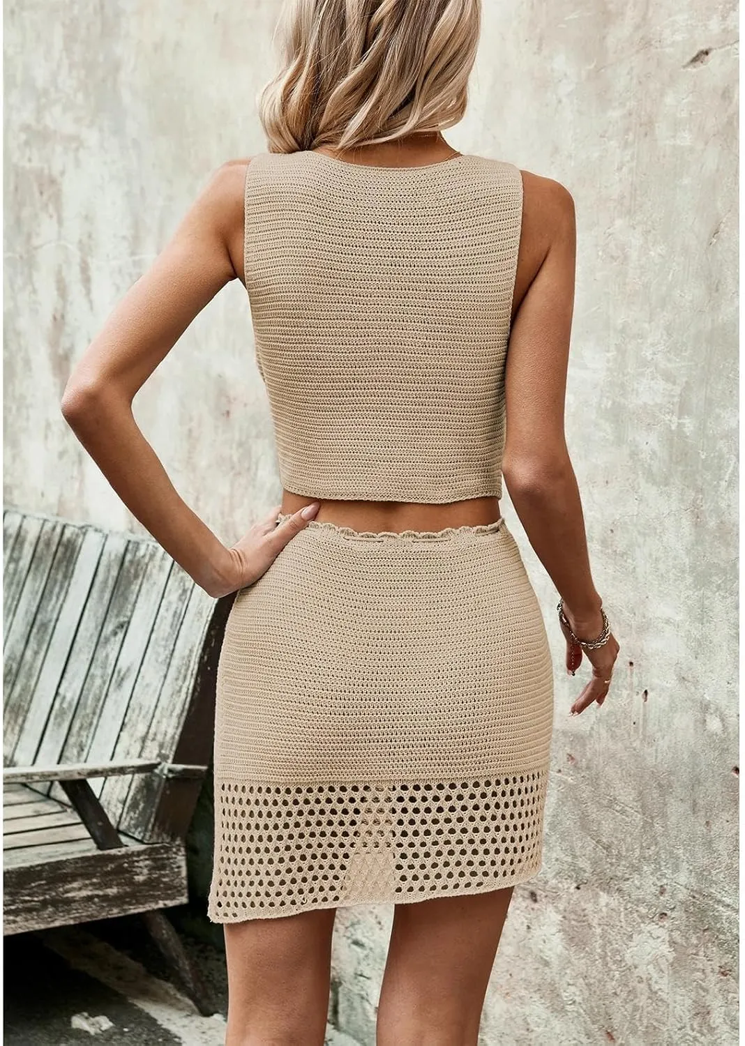 HANMAX Womens Summer 2 Piece Sets Crochet Knit Vest Top and Bodycon Mini Skirt Dress Sweater Outfits