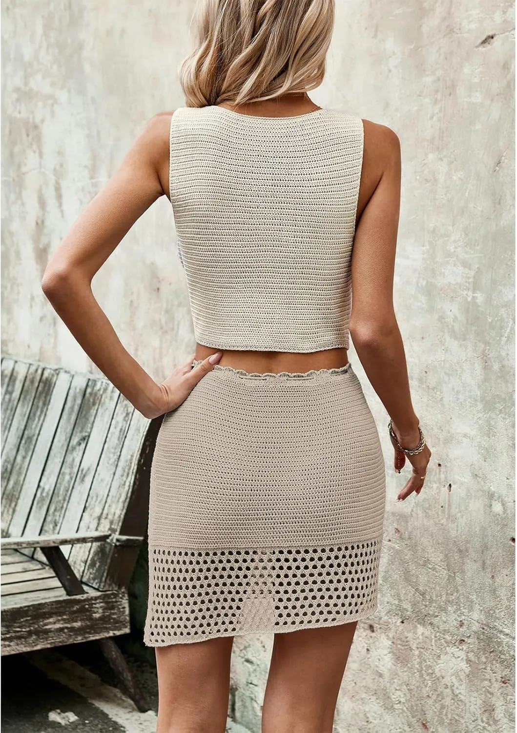 HANMAX Womens Summer 2 Piece Sets Crochet Knit Vest Top and Bodycon Mini Skirt Dress Sweater Outfits