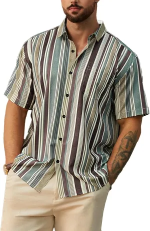 Hardaddy Men's Striped Shirts Casual Short Sleeve Button Down Summer Hawaiian Shirts
