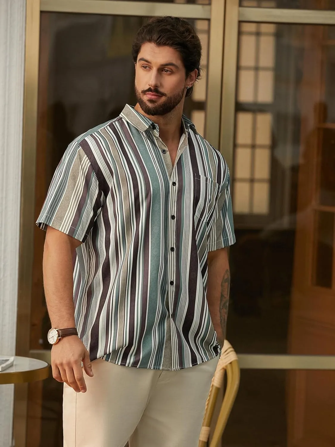 Hardaddy Men's Striped Shirts Casual Short Sleeve Button Down Summer Hawaiian Shirts