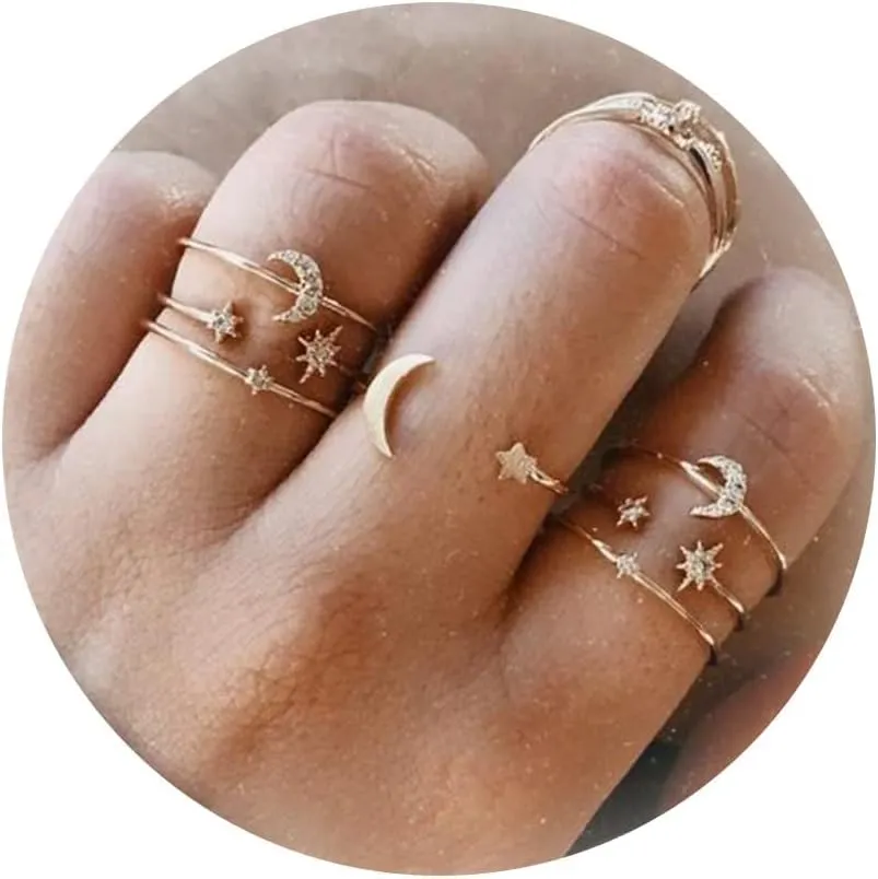 Harry and Henry Gold Knuckle Rings for Women Star Moon Stacking Rings