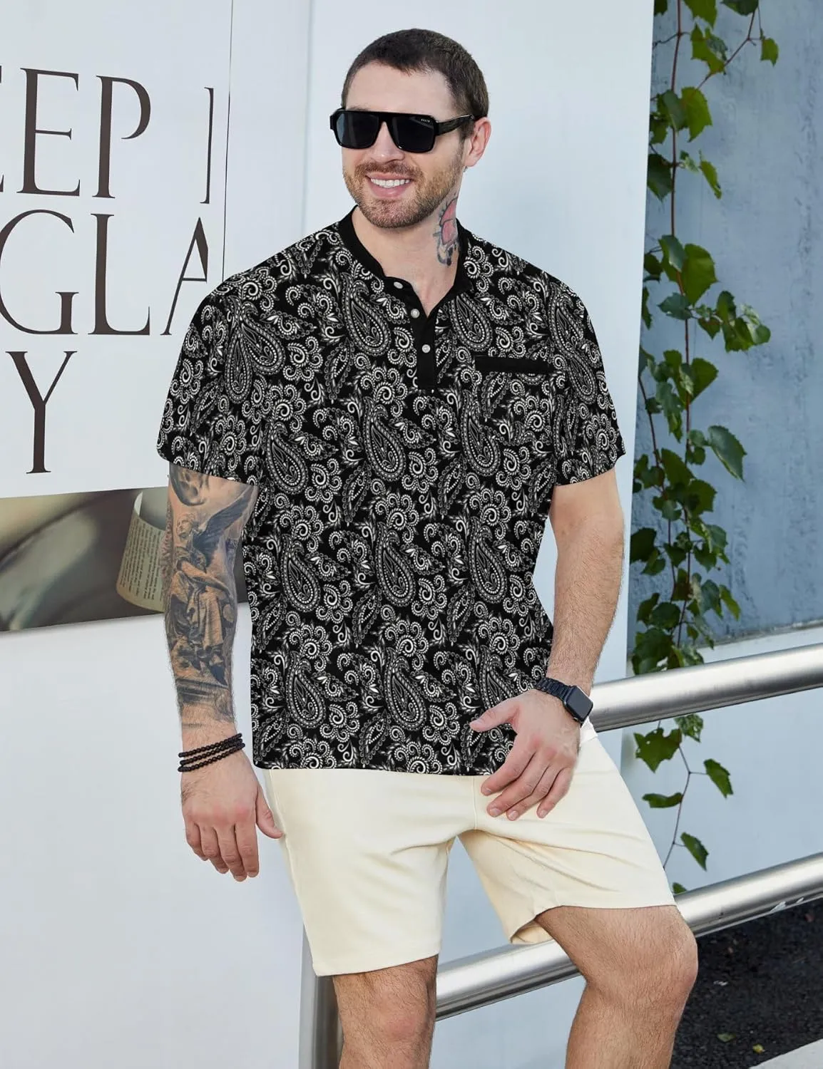 Henley Shirts for Men Short Sleeve Henley T Shirts Band Collar Men's Summer Athletic Tee
