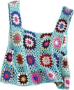 HGps8w Boho Crochet Crop Tank Top for Colorful Floral Embroidery Knit Vest Tops Hollow Out Camisole Beachwear