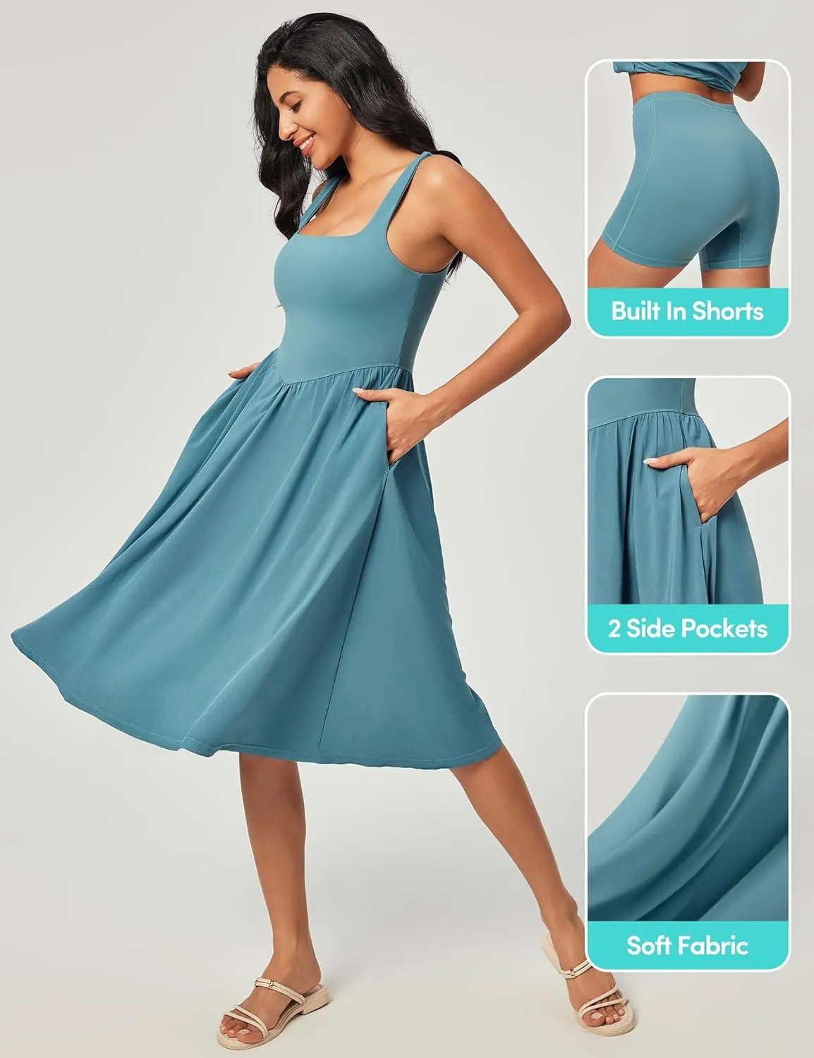 IUGA Sundresses for Women 2025 Summer Dress with Built in Shorts & Bra Spaghetti Strap Midi Casual Flowy Beach Dresses