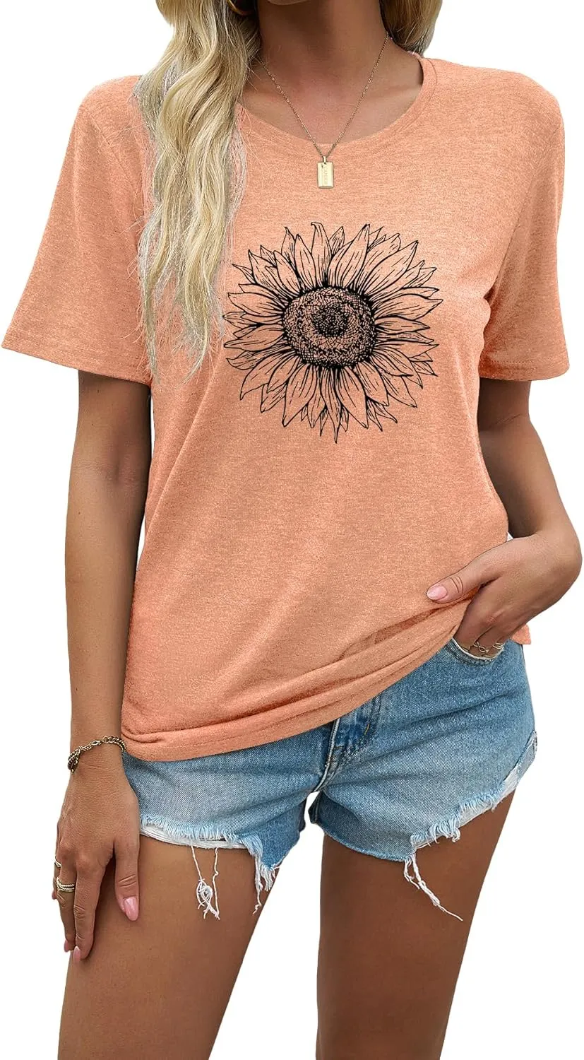 J&DHUASHA Women's Sunflower T-Shirt Short Sleeve Crewneck Floral Graphic Tees Summer Print Casual Tops