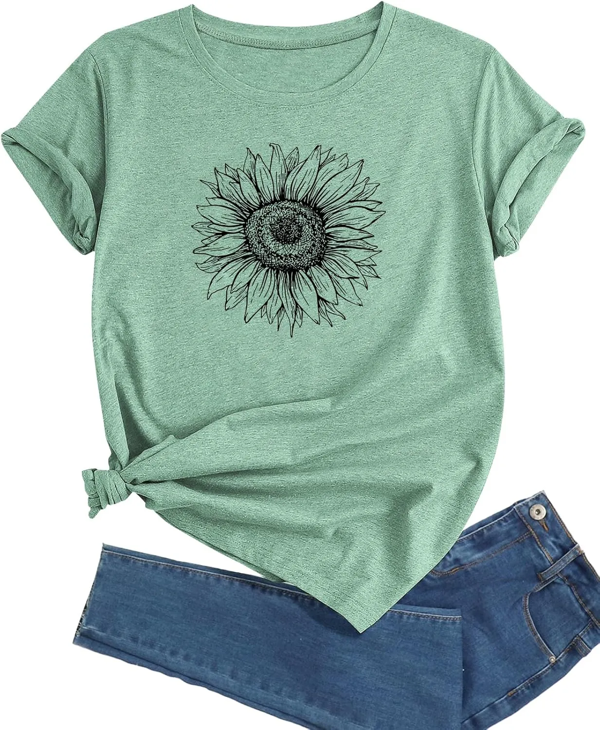 J&DHUASHA Women's Sunflower T-Shirt Short Sleeve Crewneck Floral Graphic Tees Summer Print Casual Tops