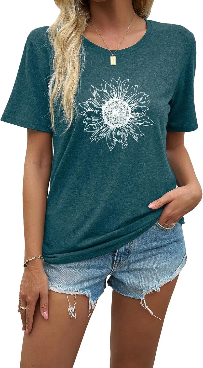 J&DHUASHA Women's Sunflower T-Shirt Short Sleeve Crewneck Floral Graphic Tees Summer Print Casual Tops