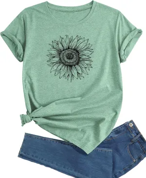 J&DHUASHA Women's Sunflower T-Shirt Short Sleeve Crewneck Floral Graphic Tees Summer Print Casual Tops