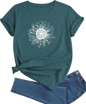 J&DHUASHA Women's Sunflower T-Shirt Short Sleeve Crewneck Floral Graphic Tees Summer Print Casual Tops