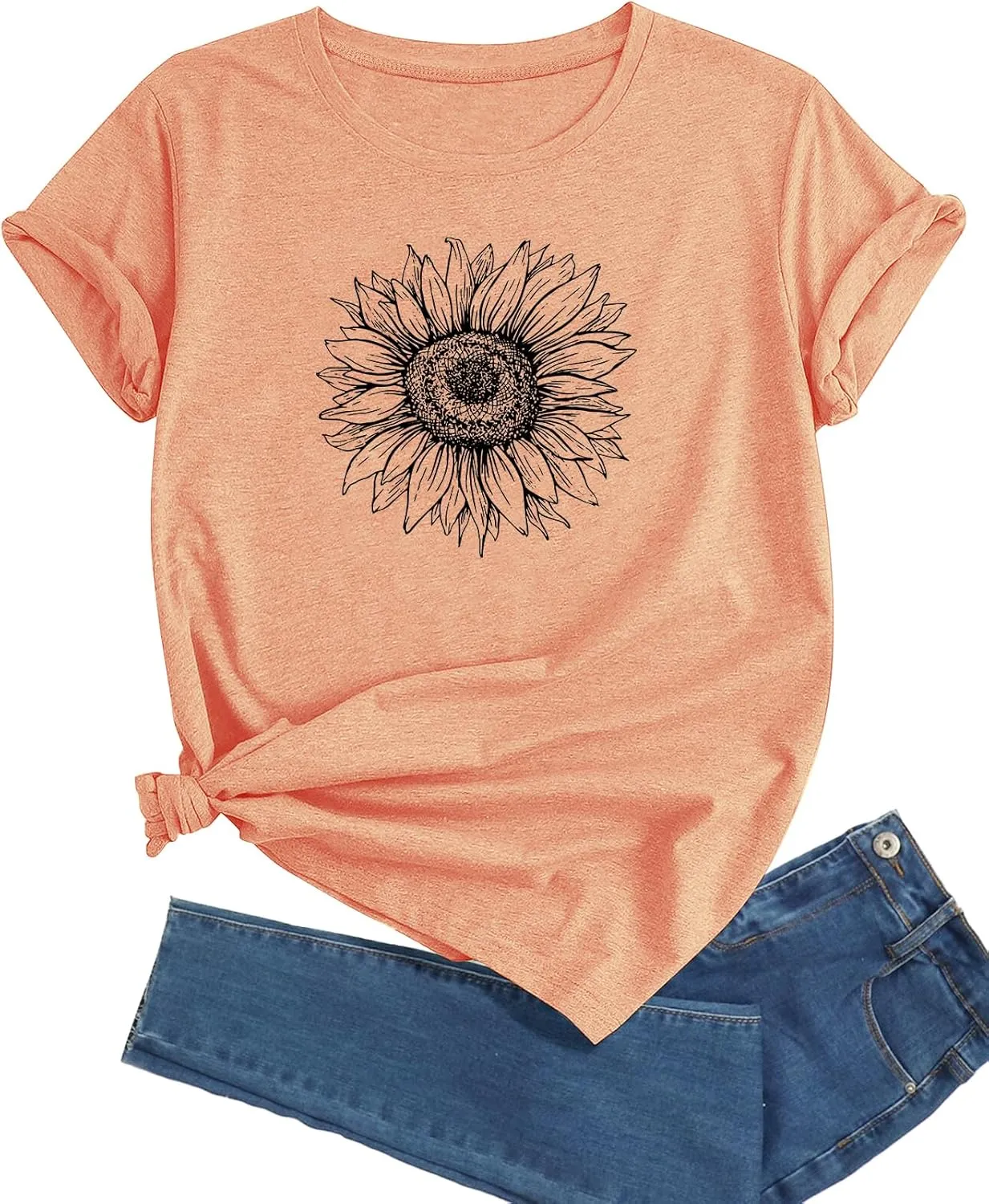 J&DHUASHA Women's Sunflower T-Shirt Short Sleeve Crewneck Floral Graphic Tees Summer Print Casual Tops