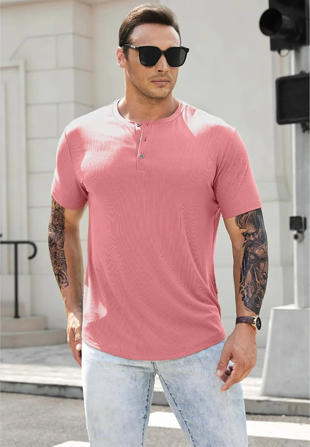 JMIERR Men's Muscle Slim Henley Shirts Crewneck Longline T-Shirt Gym Workout Athletic Shirt Tees with Button