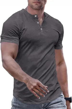 JMIERR Men's Muscle Slim Henley Shirts Crewneck Longline T-Shirt Gym Workout Athletic Shirt Tees with Button