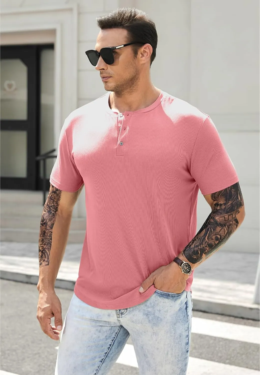 JMIERR Men's Muscle Slim Henley Shirts Crewneck Longline T-Shirt Gym Workout Athletic Shirt Tees with Button