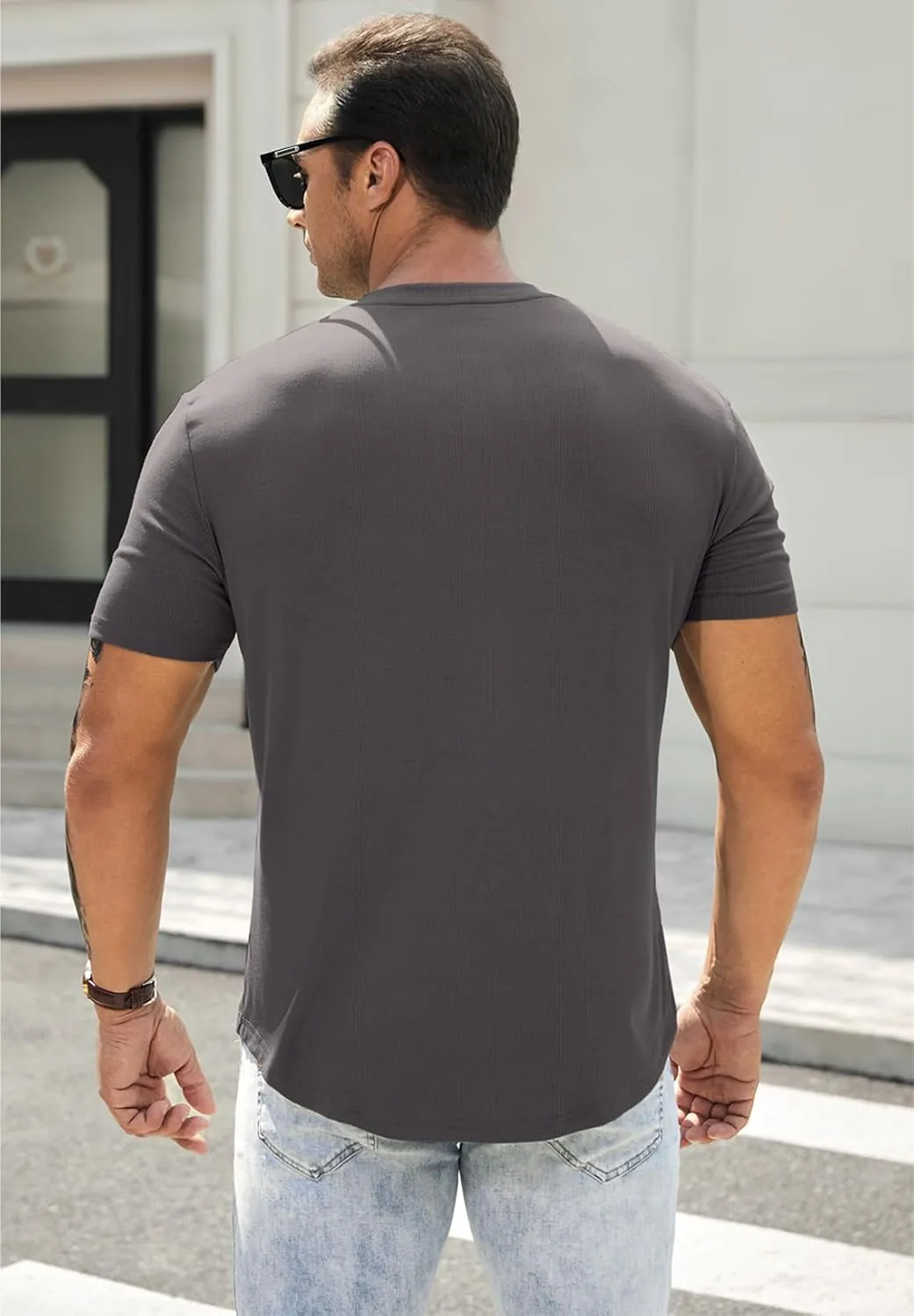 JMIERR Men's Muscle Slim Henley Shirts Crewneck Longline T-Shirt Gym Workout Athletic Shirt Tees with Button
