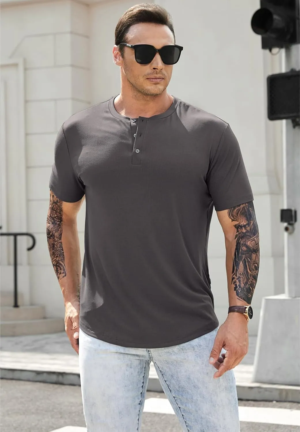 JMIERR Men's Muscle Slim Henley Shirts Crewneck Longline T-Shirt Gym Workout Athletic Shirt Tees with Button