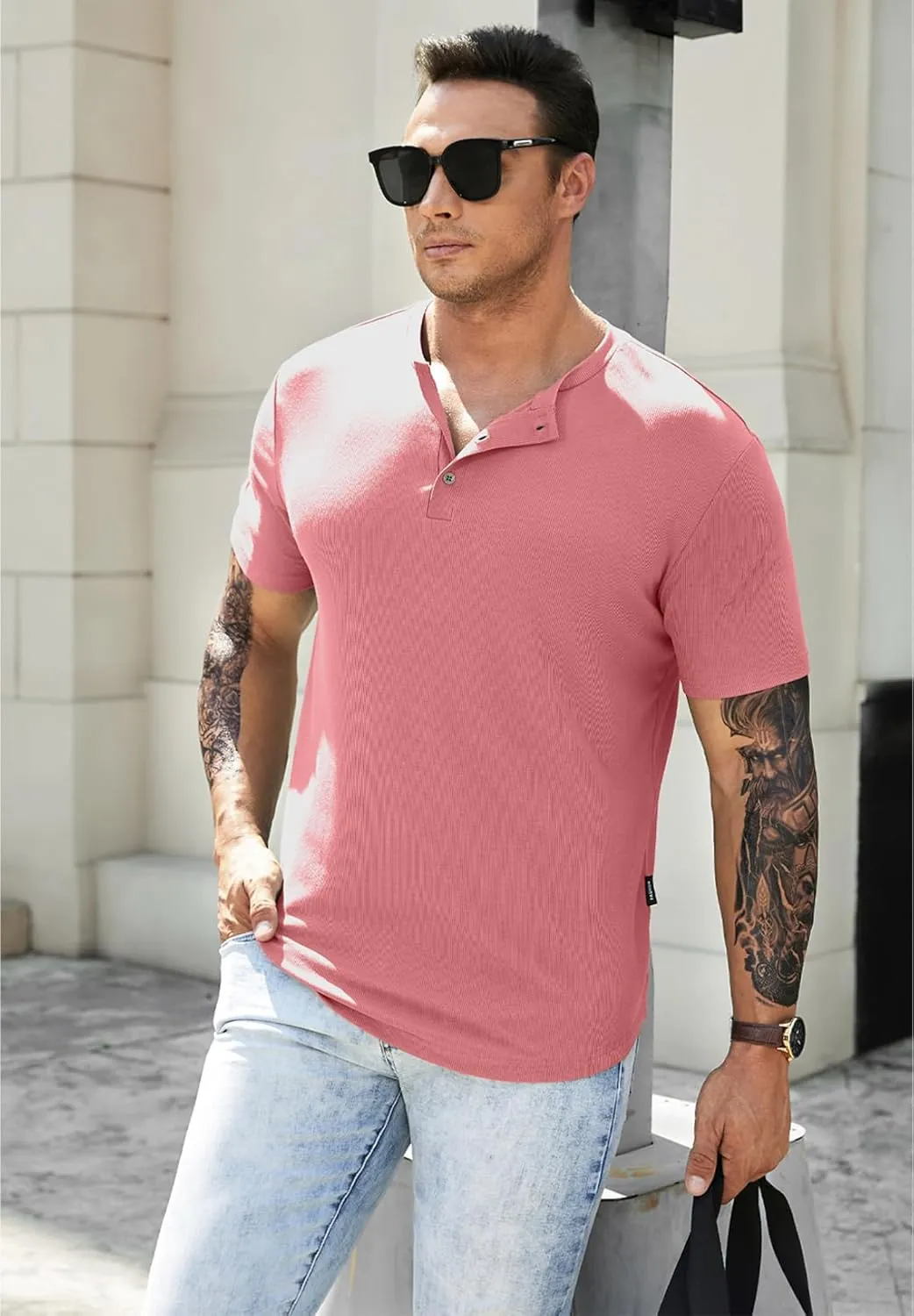 JMIERR Men's Muscle Slim Henley Shirts Crewneck Longline T-Shirt Gym Workout Athletic Shirt Tees with Button
