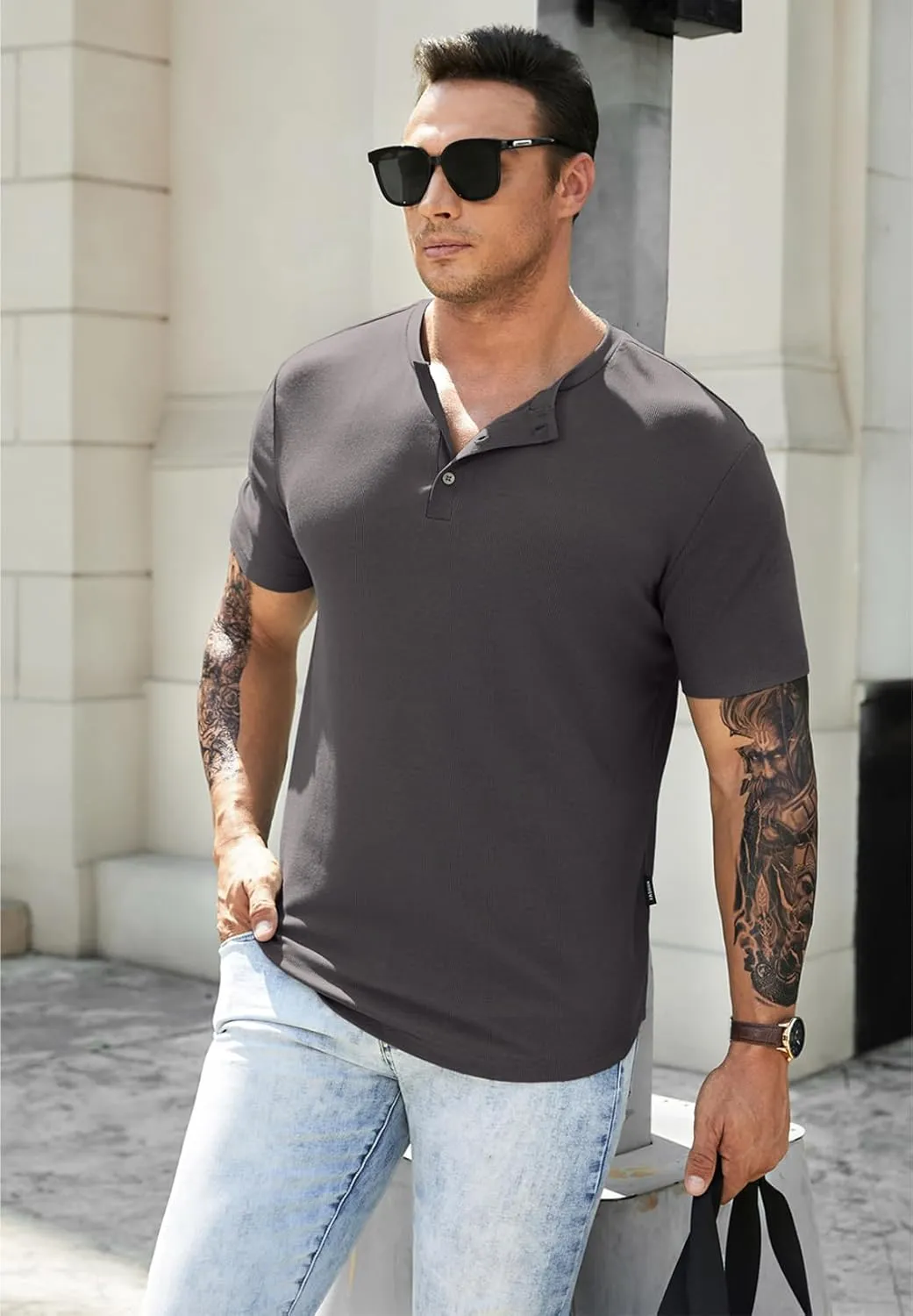 JMIERR Men's Muscle Slim Henley Shirts Crewneck Longline T-Shirt Gym Workout Athletic Shirt Tees with Button