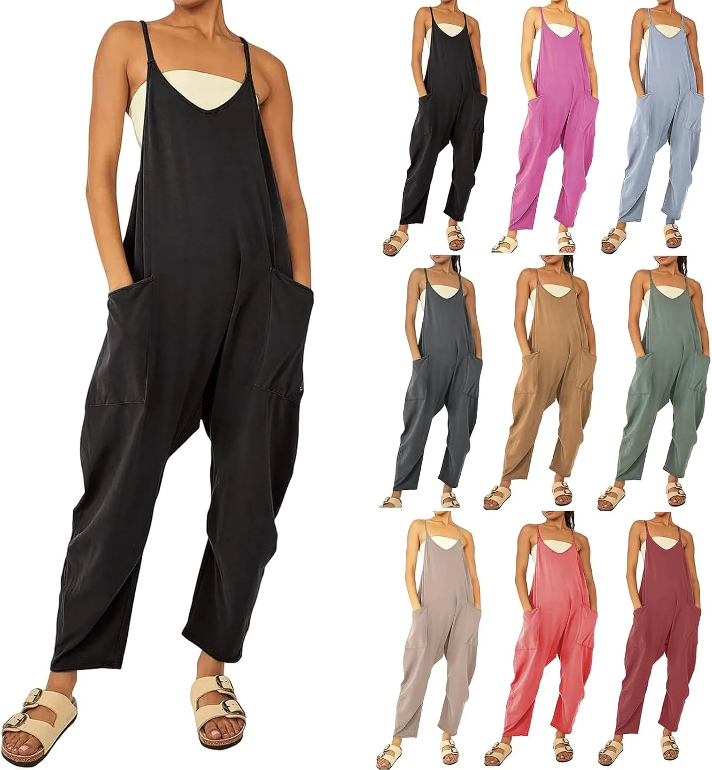 Jumpsuits for Women Casual Sleeveless Loose Fit Harem Overalls Spaghetti Strap Summer Outfits Rompers for Women 2024