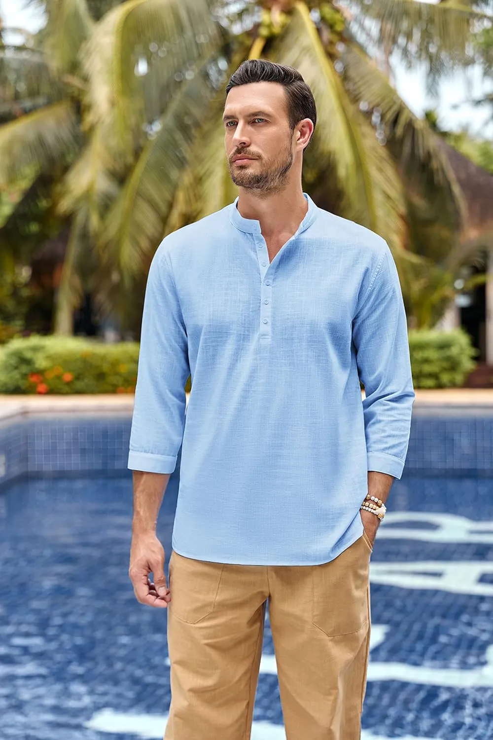 Karlywindow Mens Linen Henley Shirts Long Sleeve Hippie Yoga Summer Beach Casual Henleys T-Shirt