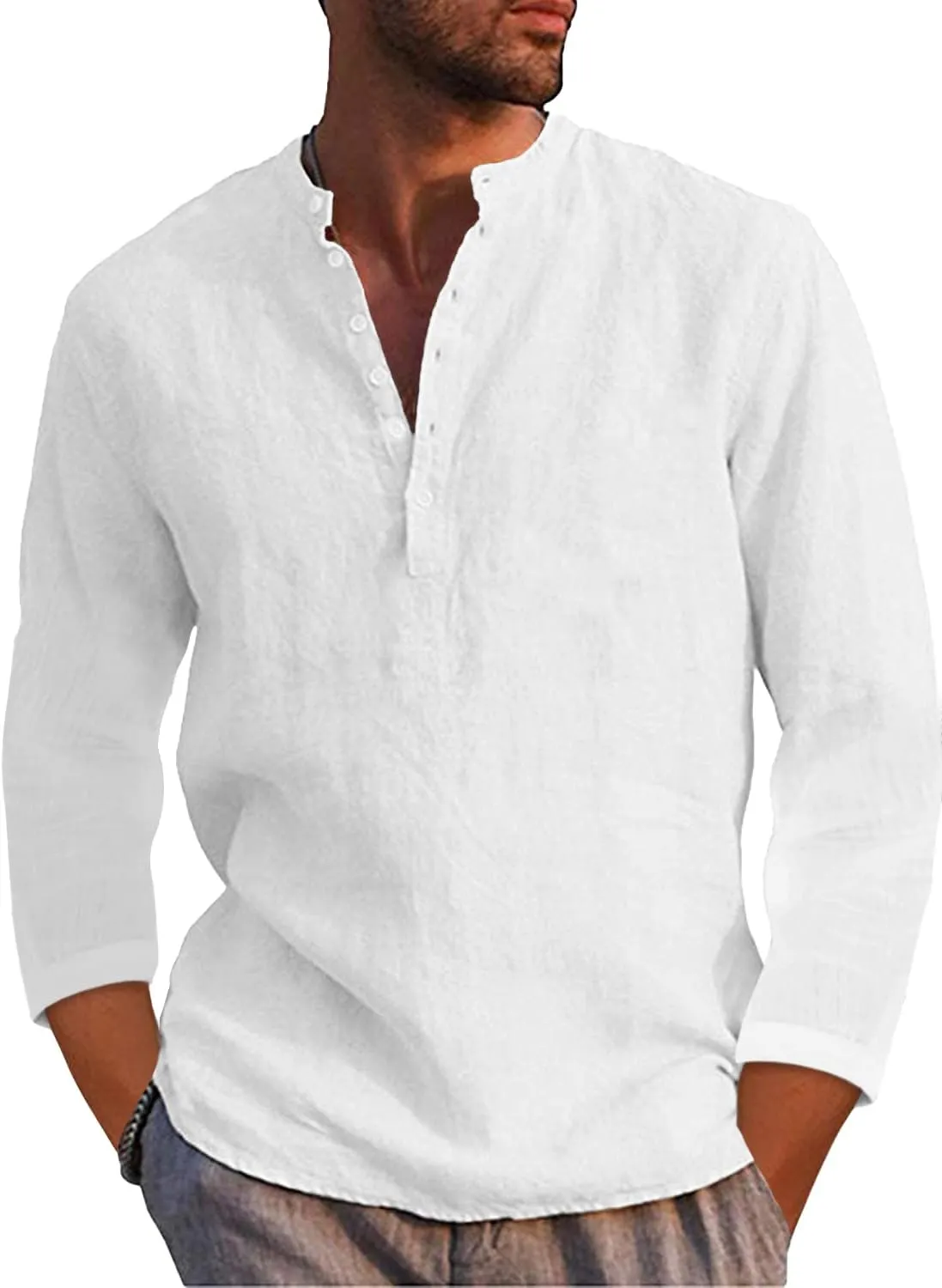 Karlywindow Mens Linen Henley Shirts Long Sleeve Hippie Yoga Summer Beach Casual Henleys T-Shirt