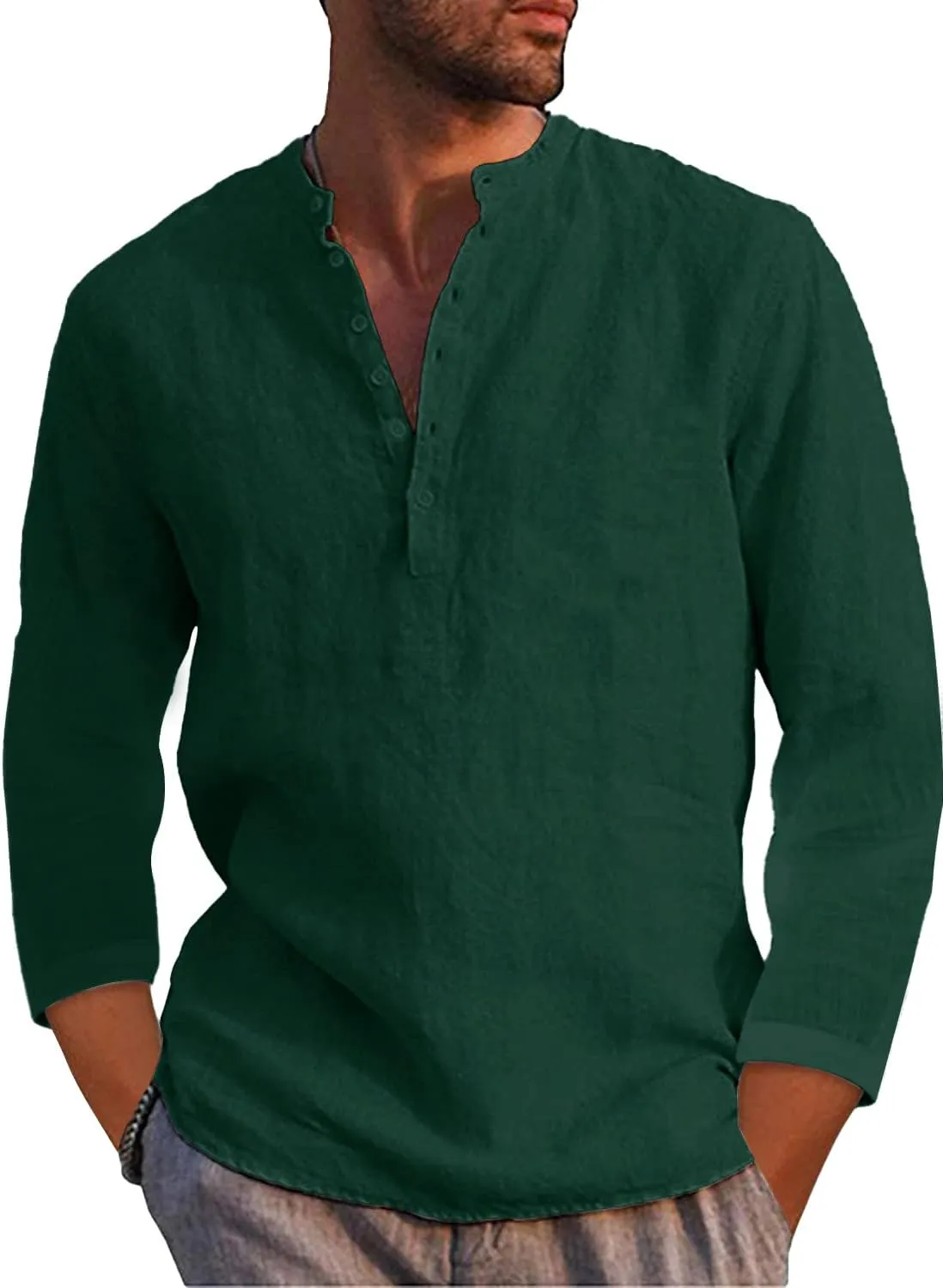 Karlywindow Mens Linen Henley Shirts Long Sleeve Hippie Yoga Summer Beach Casual Henleys T-Shirt