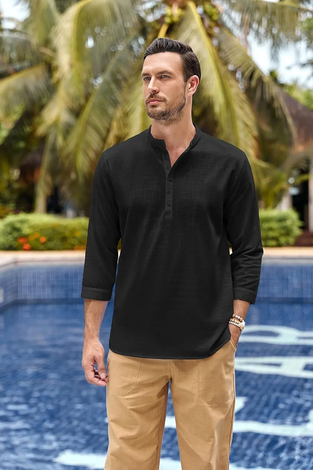 Karlywindow Mens Linen Henley Shirts Long Sleeve Hippie Yoga Summer Beach Casual Henleys T-Shirt