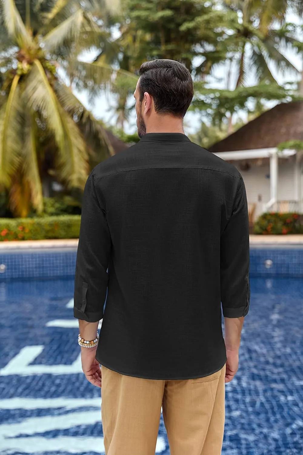 Karlywindow Mens Linen Henley Shirts Long Sleeve Hippie Yoga Summer Beach Casual Henleys T-Shirt